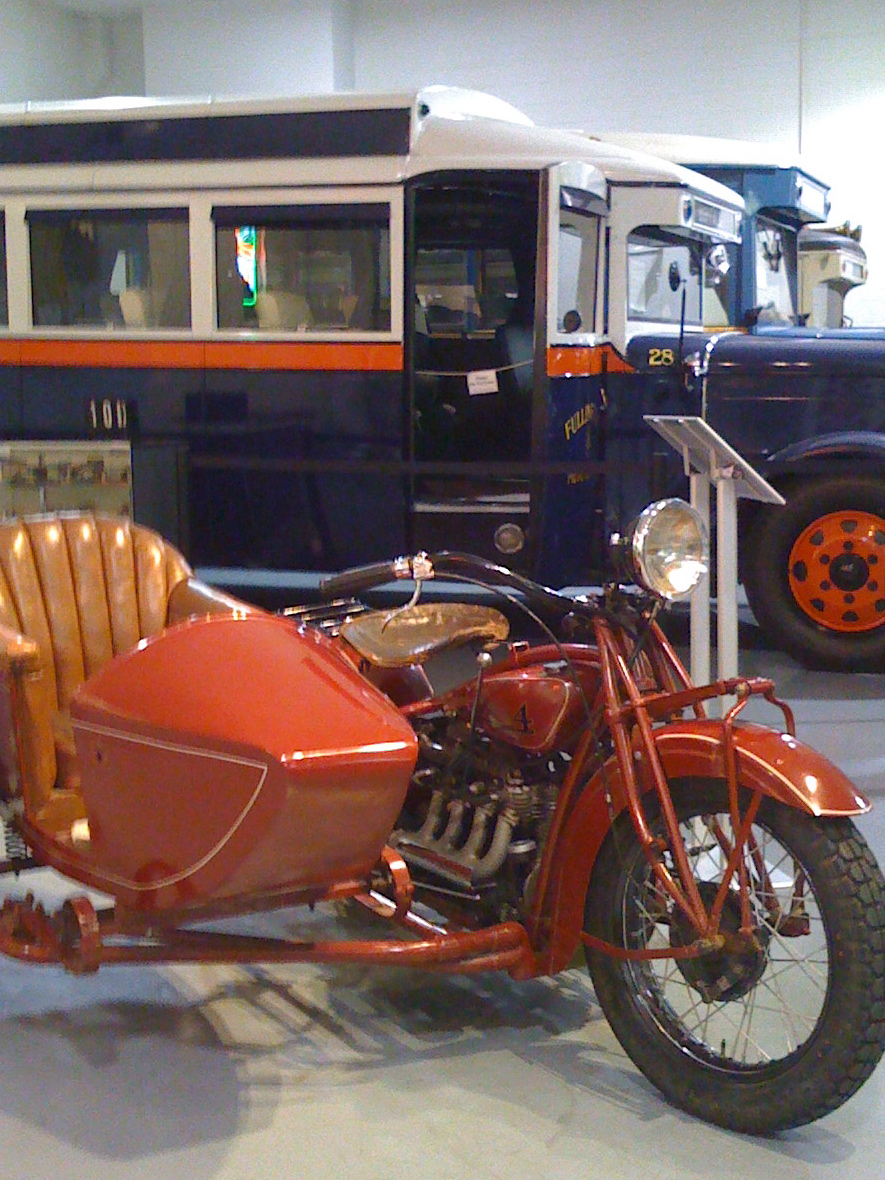 Motorcycles and buses at the Antique Automobile Museum of America Museum