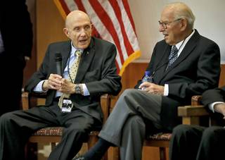 Astronauts Thomas Stafford, left, and James Lovell speak Wednesday during a news conference on the 50th anniversary of the Gemini 6 flight at the Oklahoma History Center. Photo by Chris Landsberger, The Oklahoman