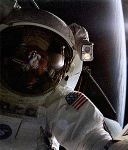 Close up of a space suit focusing on the helmet