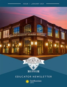 Birthplace of Country Music Museum ad featuring the yellow Smithsonian Affiliate sunburst logo and an image of the museum's building exterior.