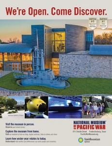 National Museum of the Pacific War ad with Smithsonian Affiliate logo at bottom right. Ad features an exterior photo of the building.