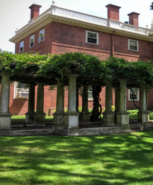 A two story red brick building with three chimneys sits behind a columned walkway covered in ivy.