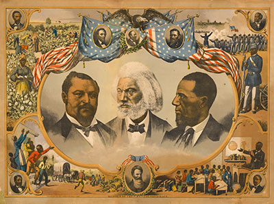 A 19th-century poster titled "Heroes of the Colored Race" by Joseph Hoover. It features portraits of Frederick Douglass, Blanche Bruce, Hiram Revels, and more.