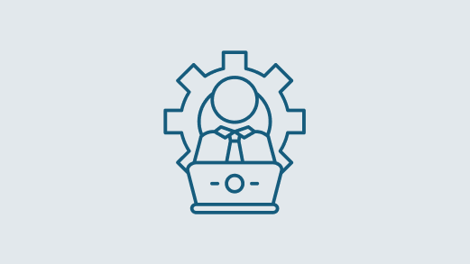 user interface element- blue outline of a person standing at a podium with a gear icon behind