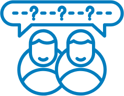 user interface element- blue outline of two people with chat bubbles above them with question marks inside